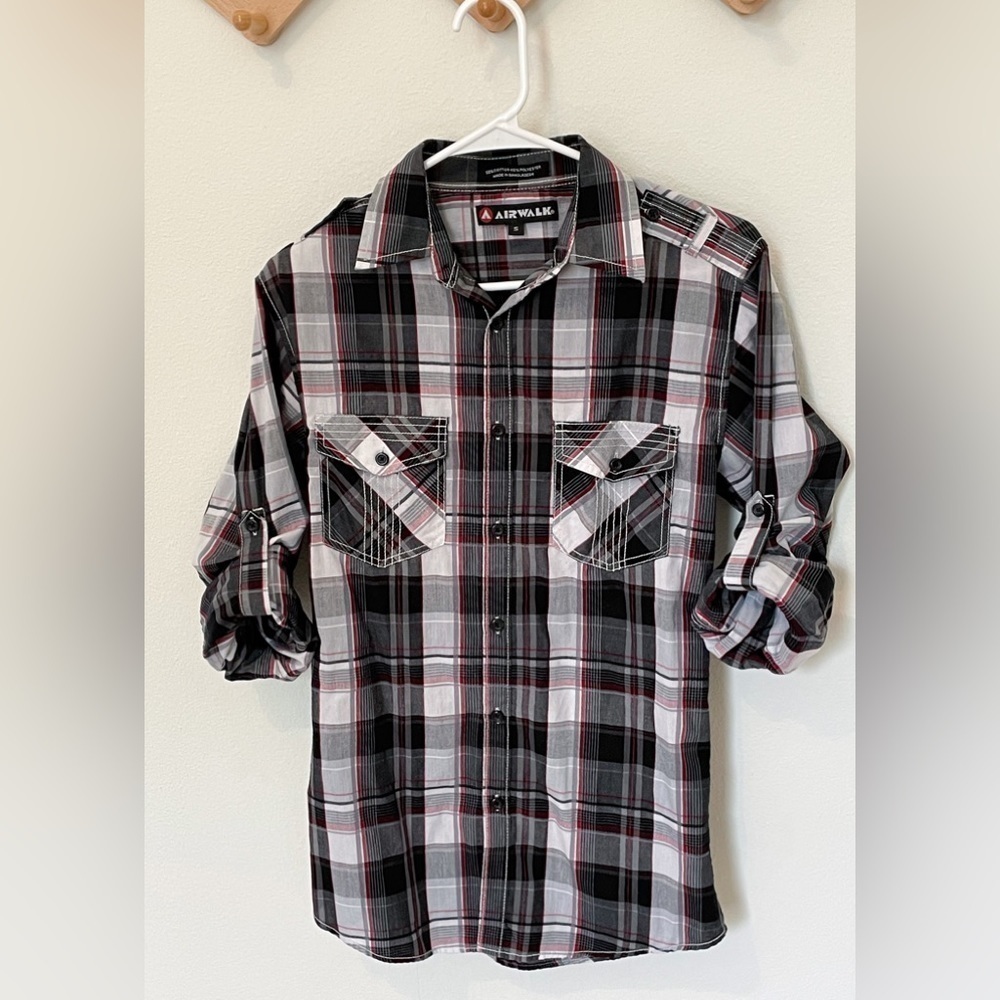 Airwalk | Men's Black, Red, and Gray Long Sleeve Button-Down Shirt